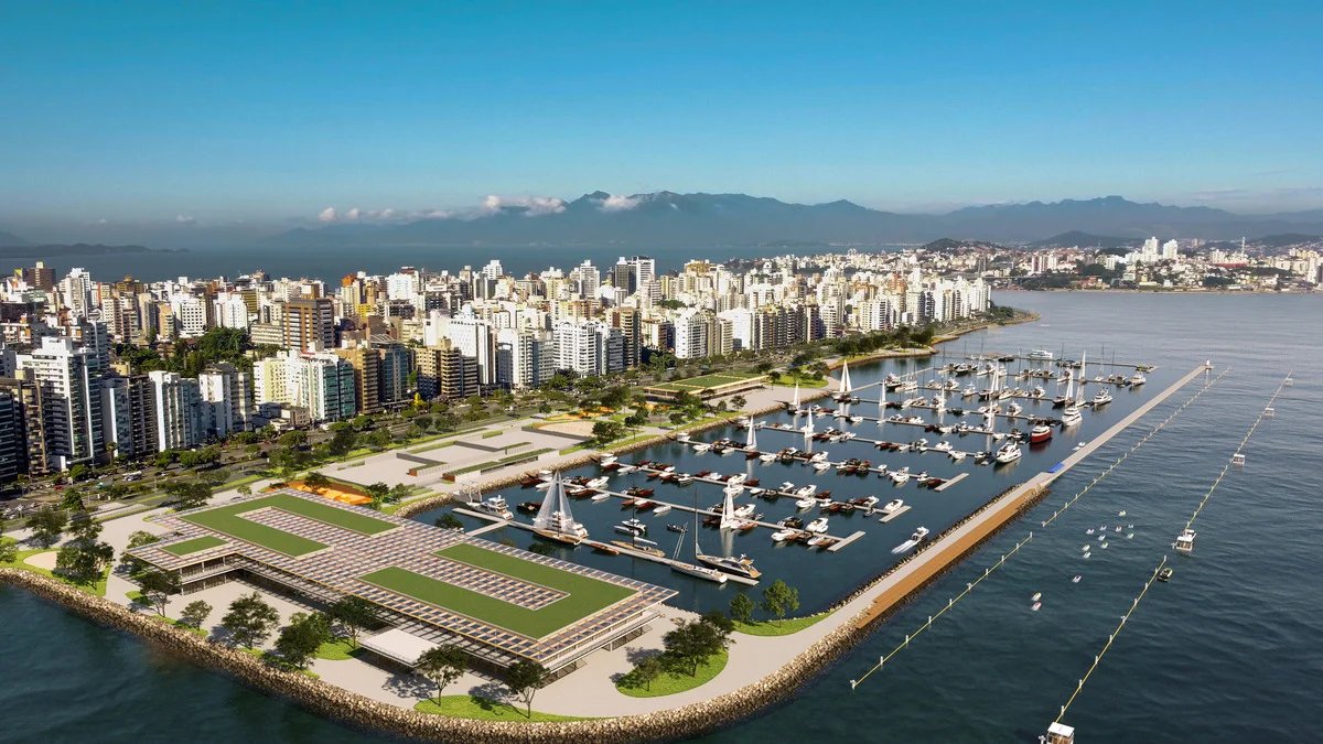 The urban park and the protective breakwater in the final design. Rendering: Florianópolis City Hall / JL Construções