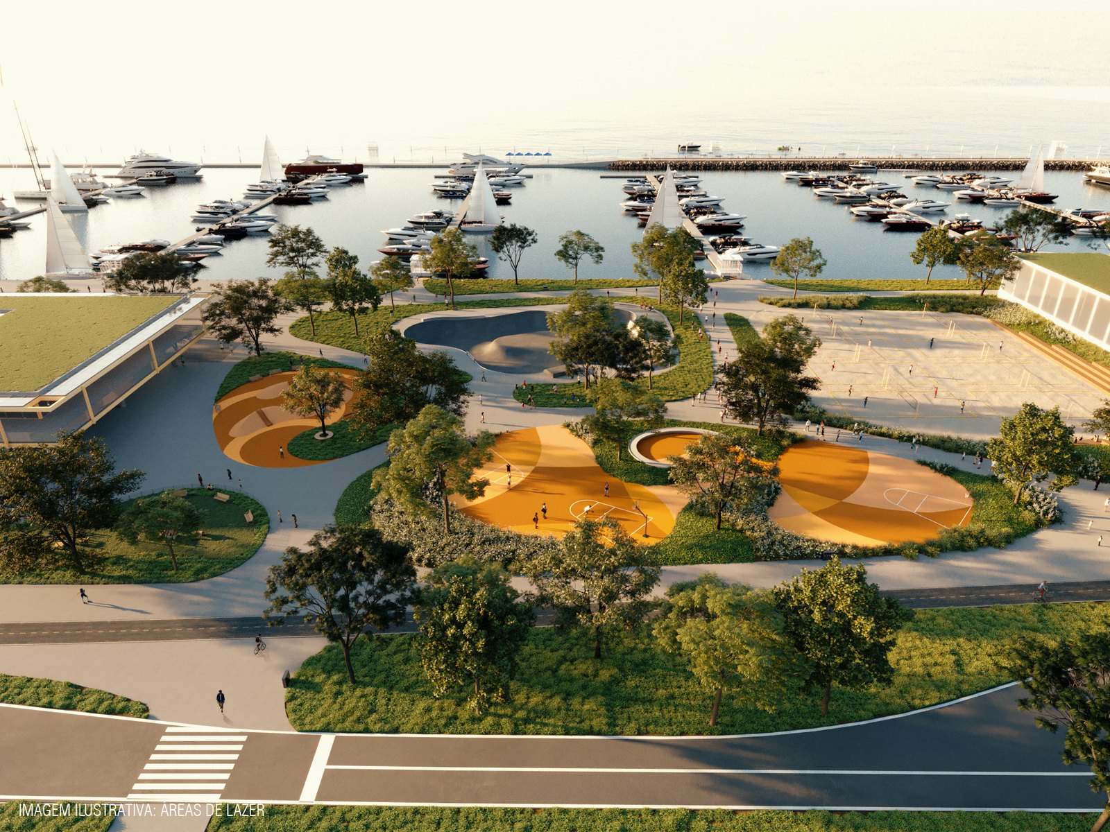 As áreas de lazer e esporte previstas no projeto, com quadras, pista e o espelho d'água da marina ao fundo. Imagem ilustrativa do projeto. Divulgação: Prefeitura de Florianópolis / JL Construções