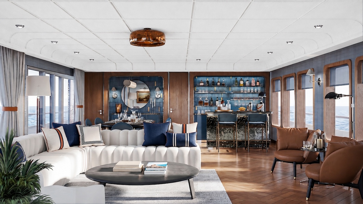 O salão assinado pelo turco Ofist, com piso em espinha de peixe, azul-marinho e bar espelhado. Imagem de divulgação: Numarine