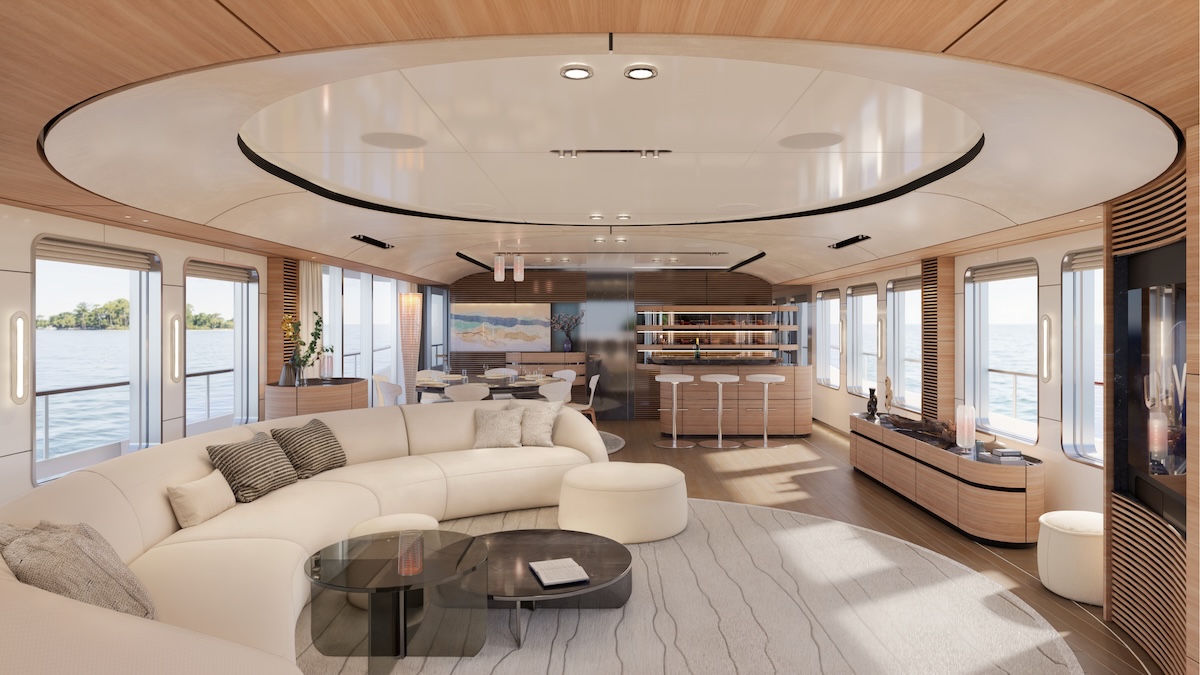 O salão do romano Vallicelli Design, organizado em torno de um teto oval suspenso. Imagem de divulgação: Numarine