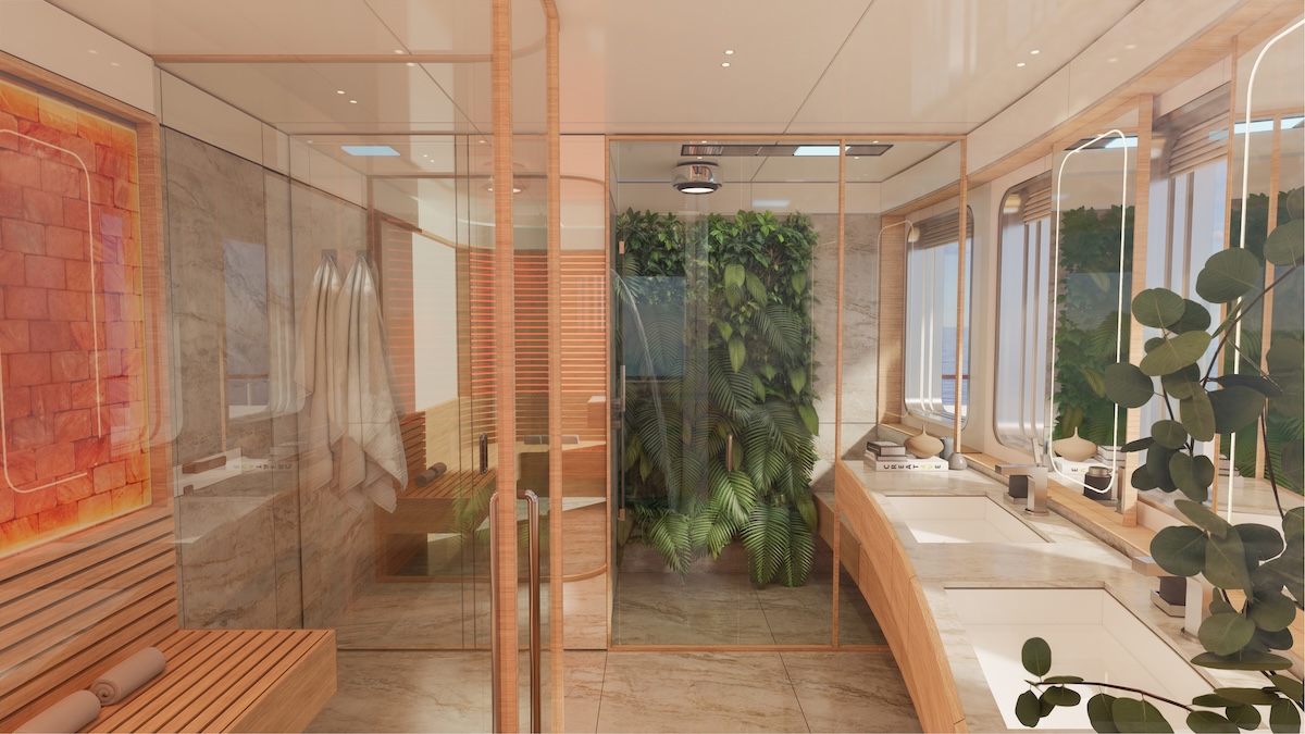 A opção de bem-estar da Classic Line reúne sauna infravermelha, terapia de frio, iluminação circadiana e parede verde. Imagem de divulgação: Numarine