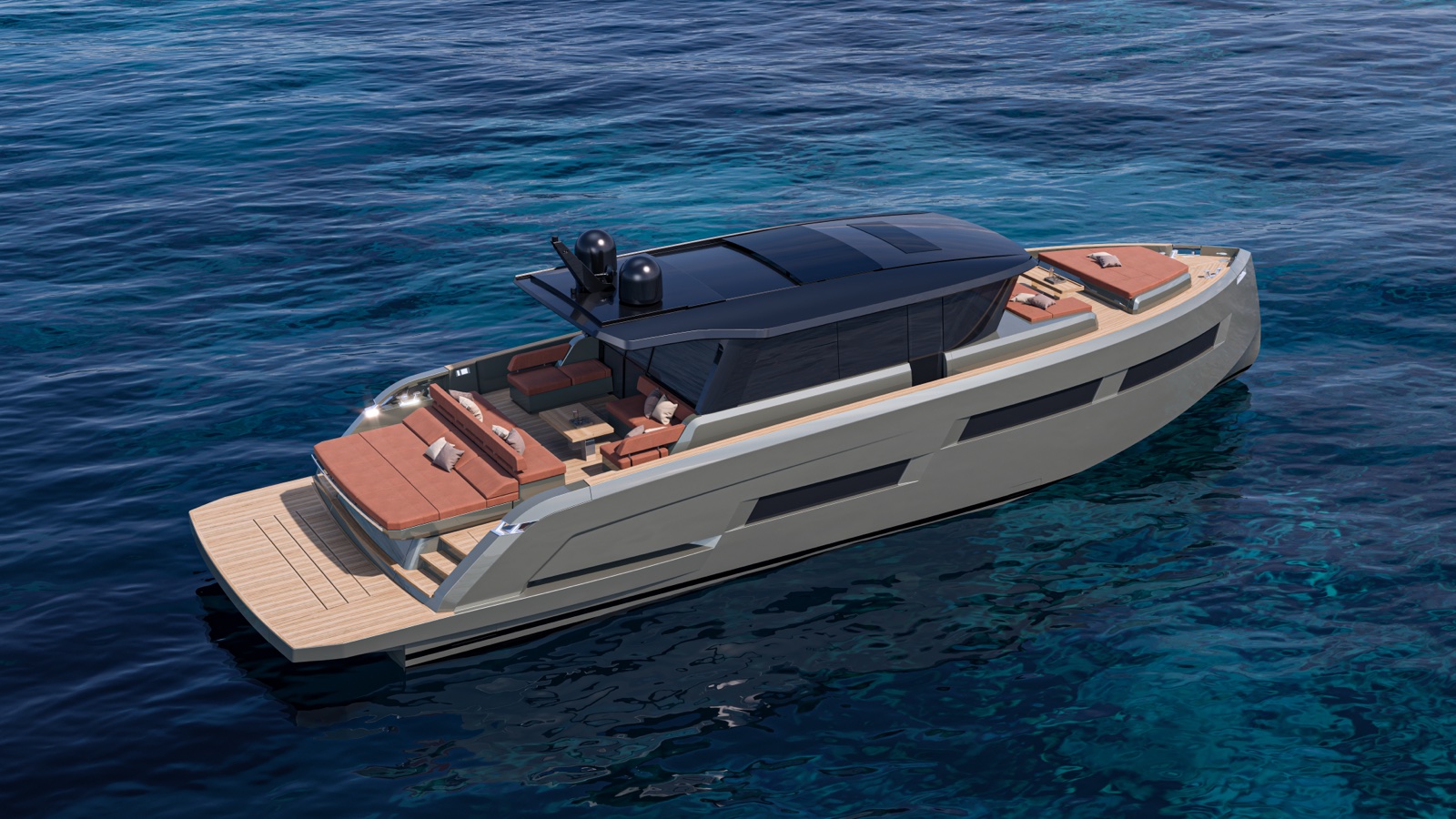 Veduta aerea del Pardo GT65, con il pozzetto e la prua integrati agli ambienti conviviali. Immagine illustrativa (render): Pardo Yachts
