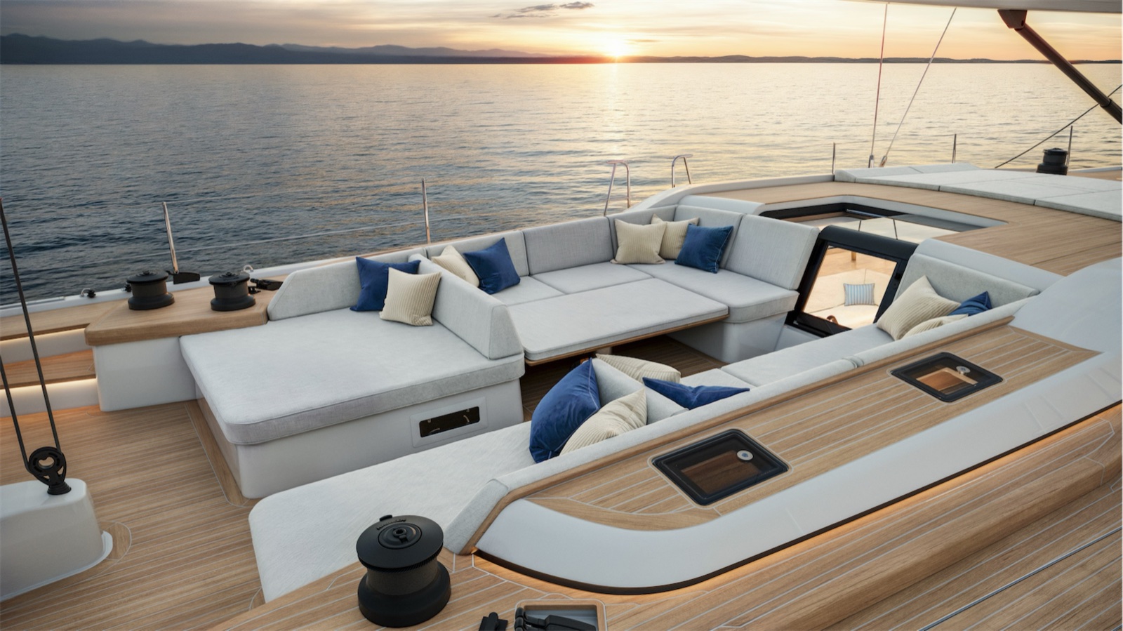 The Swan 73's guest cockpit, with a U-shaped sofa facing the sea. Illustrative rendering: Nautor Swan