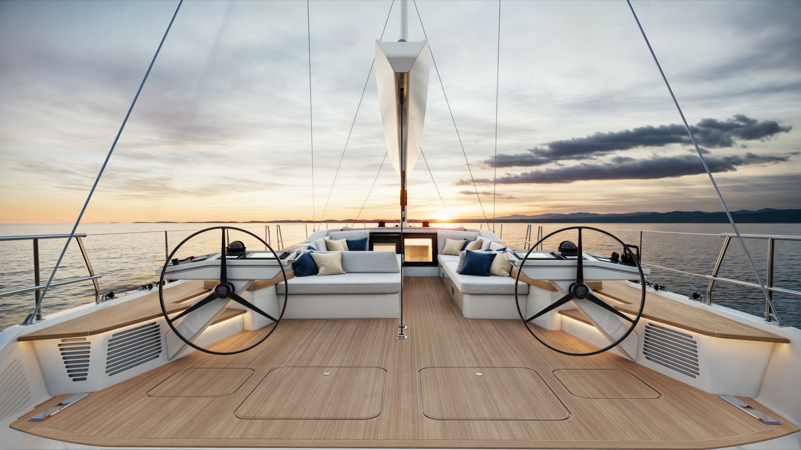 The Swan 73's twin helms and sailing cockpit at sunset. Illustrative rendering: Nautor Swan