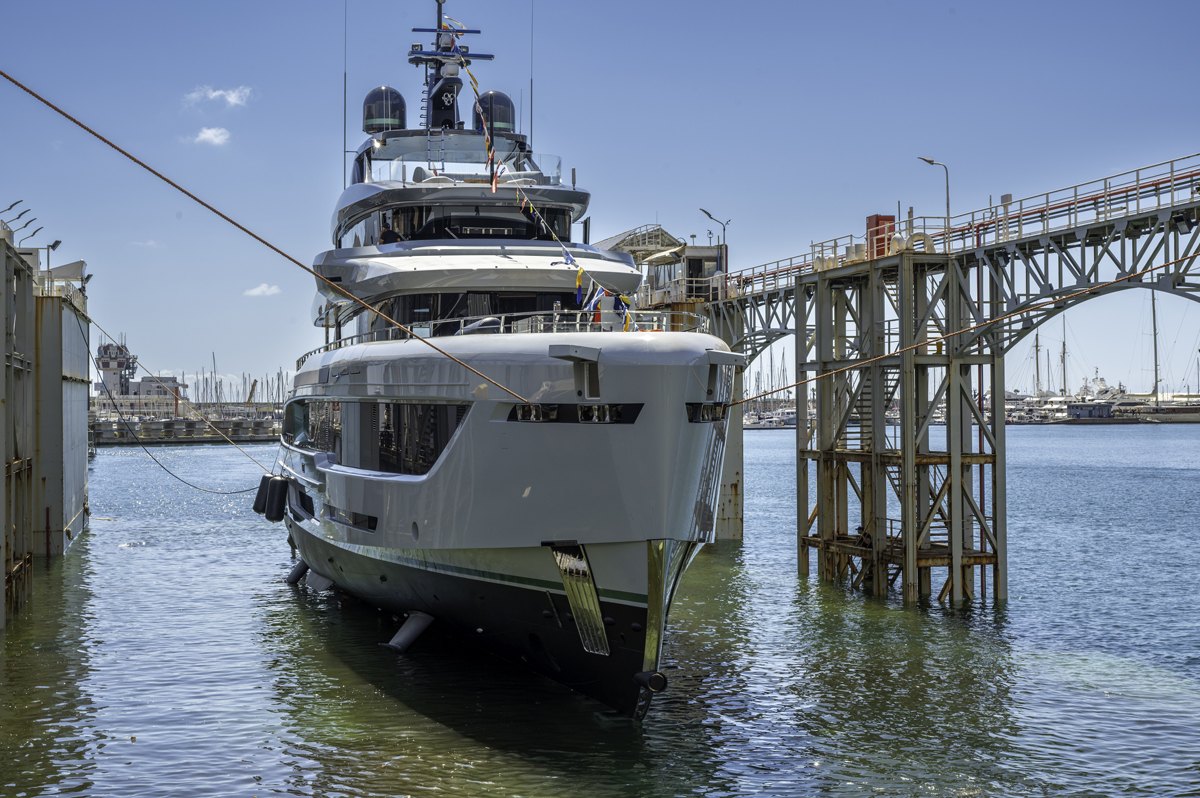 The TX450 already in the water, in front of the Genoa yard, ahead of final sea trials. Photo: Courtesy Tankoa Yachts