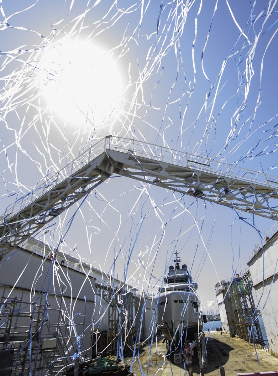 The TX450 moments after the christening, still at the yard in Genoa, under the shower of streamers from the ceremony. Photo: Courtesy Tankoa Yachts